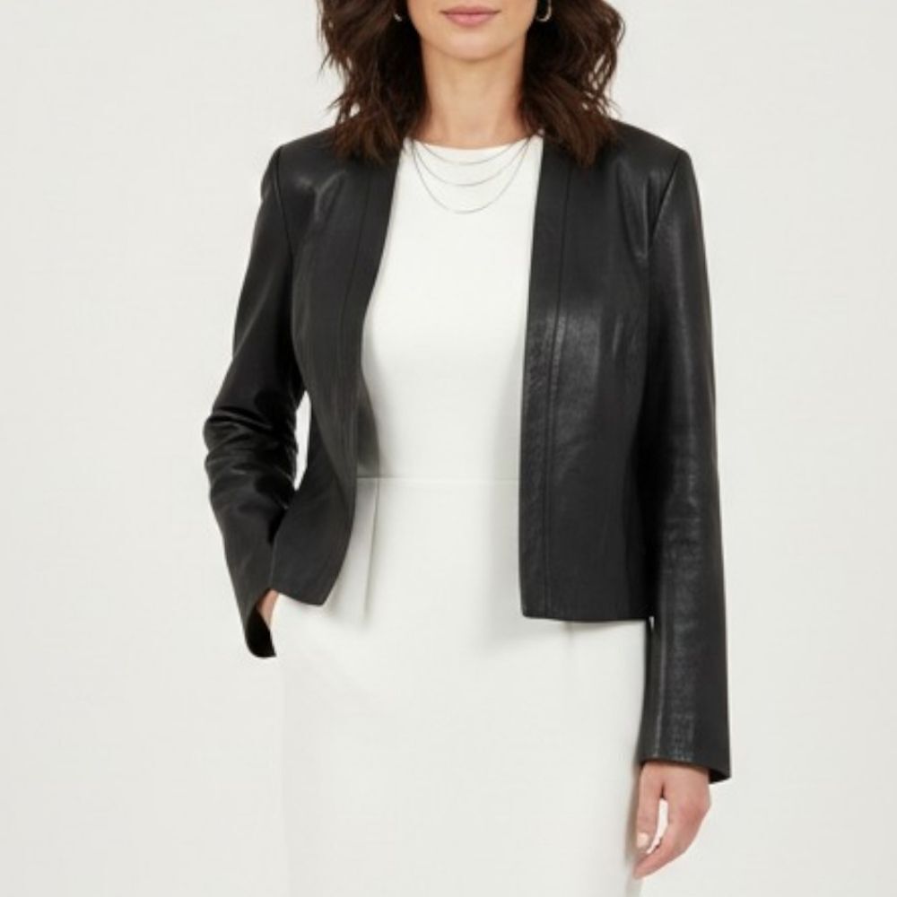 LAMARQUE Black 100% Genuine Leather Cropped Open Front Bolero Jacket - Size 6